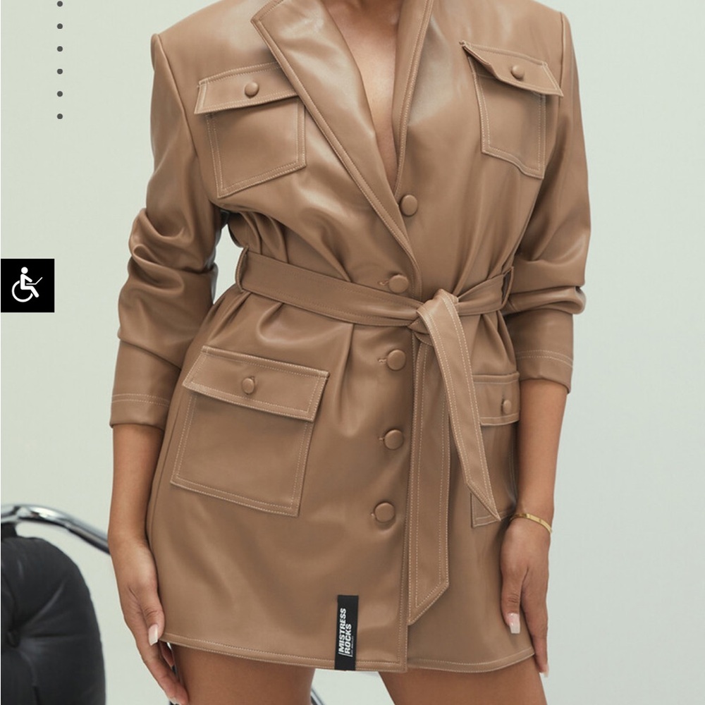 City Living Brown Vegan Leather Belted Jacket Dress